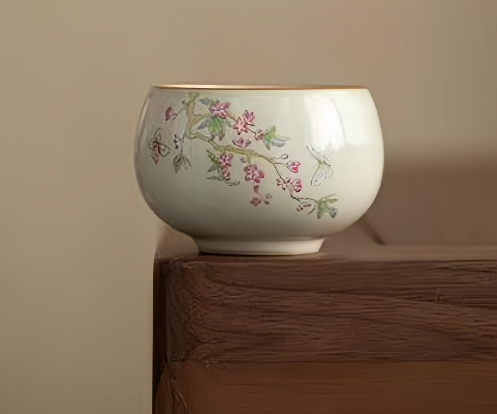 Contemporary Ru Yao Peach Blossom Egg Teacup, Yellow-Glazed Small Gongfu Tea Cup