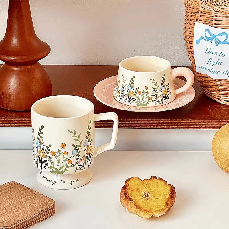 Pink Floral Coffee Set, Vintage Ceramic Mug & Saucer with Small Yellow Flowers