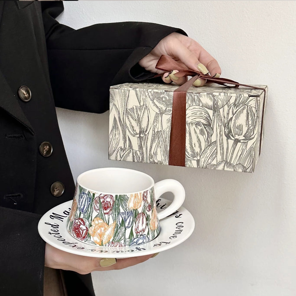Black Tulip Coffee Set, Ceramic Mug & Saucer, Luxury Gift & Home Decor-Elegant Coffee Cups