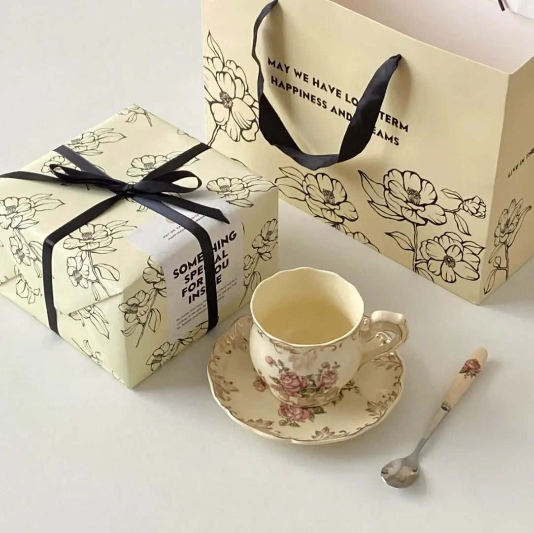 French Cream-Colored Rose Ceramic Coffee Cup and Saucer Set - Afternoon Tea Hostess Gift