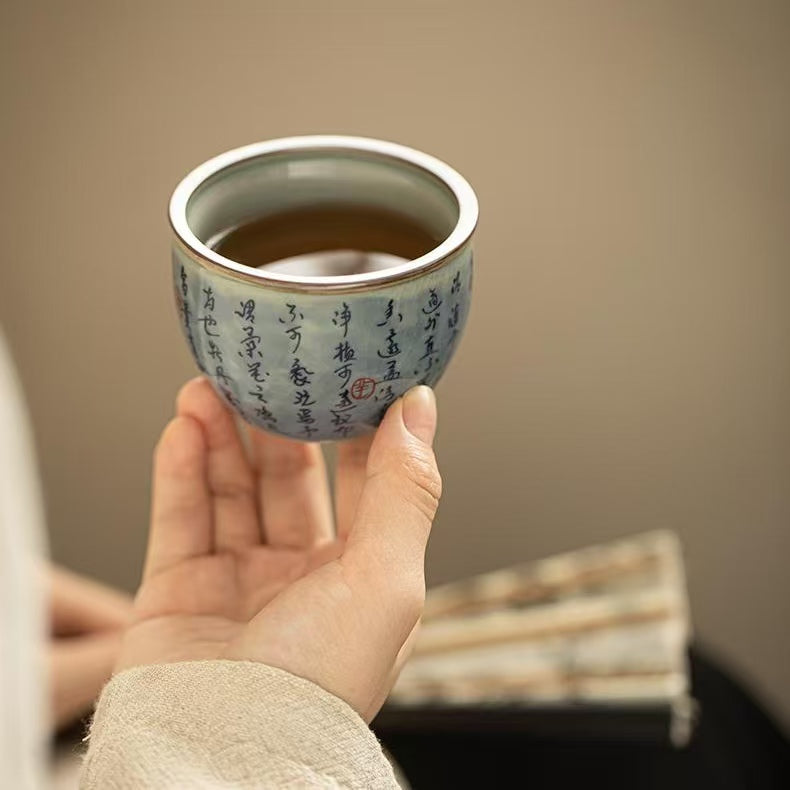 Aged Clay Lotus Teacup, Antique Style Blue & White - Ode to the Lotus Design
