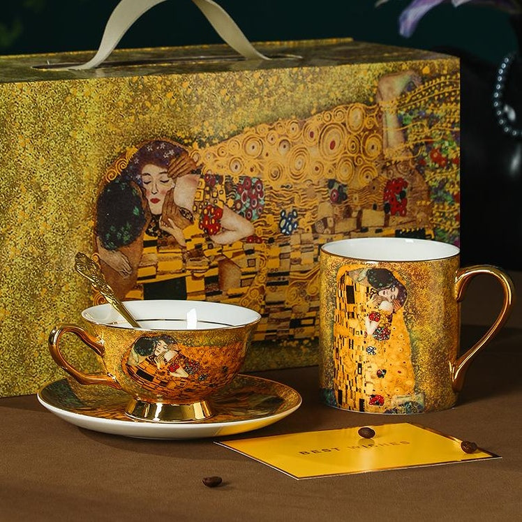 European Vintage Bone China Coffee & Tea Cup - Hand-Painted Gold Famous Painting Gift Box - Water Glass