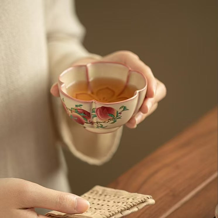 Lard（Jadeite）Glaze Peach Blossom Teacup, Nine Peaches Design-Ceramic Gongfu Tea Cup
