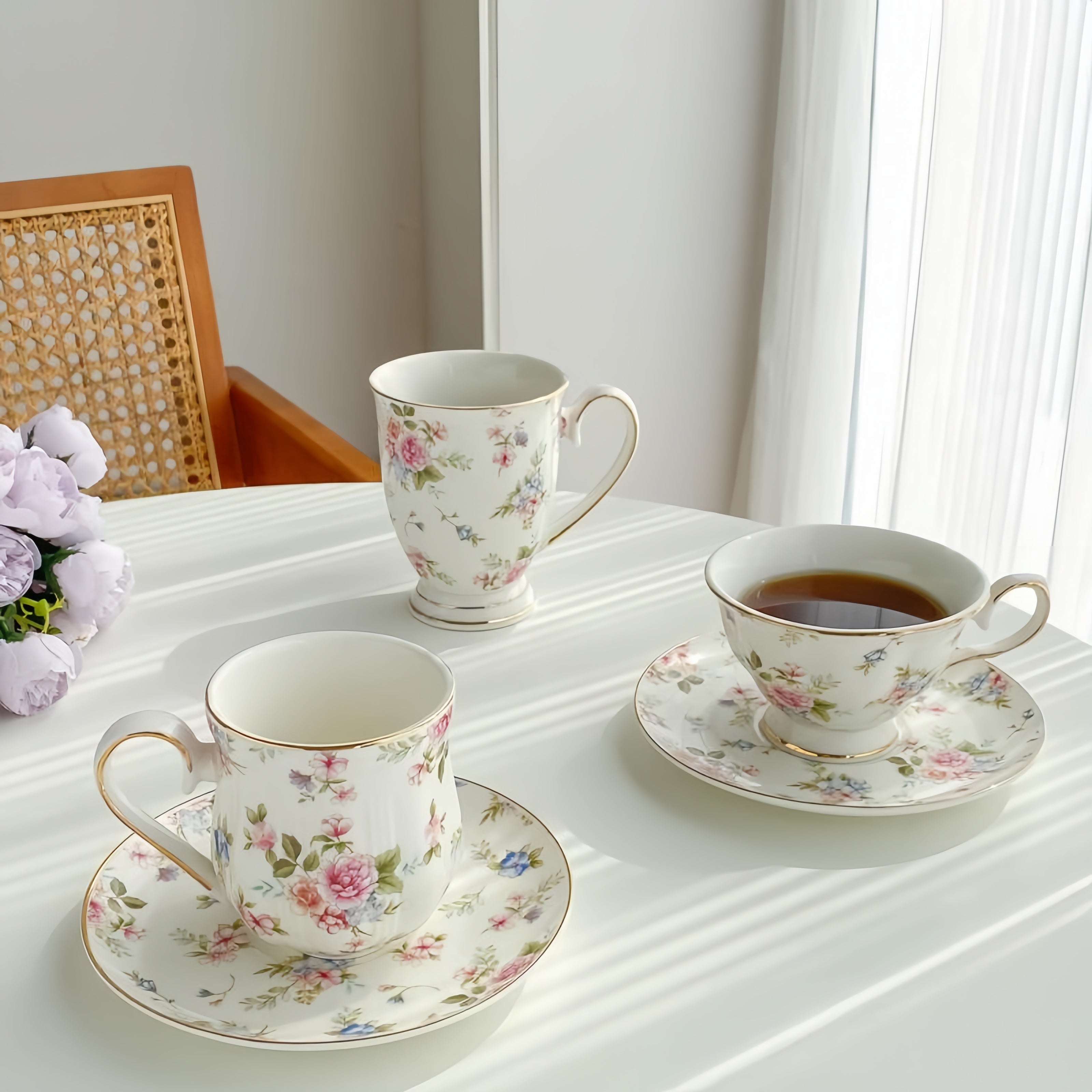 Cottagecore English Vintage Coffee Set, Sprig Print Gold Rim Cup & Saucer
