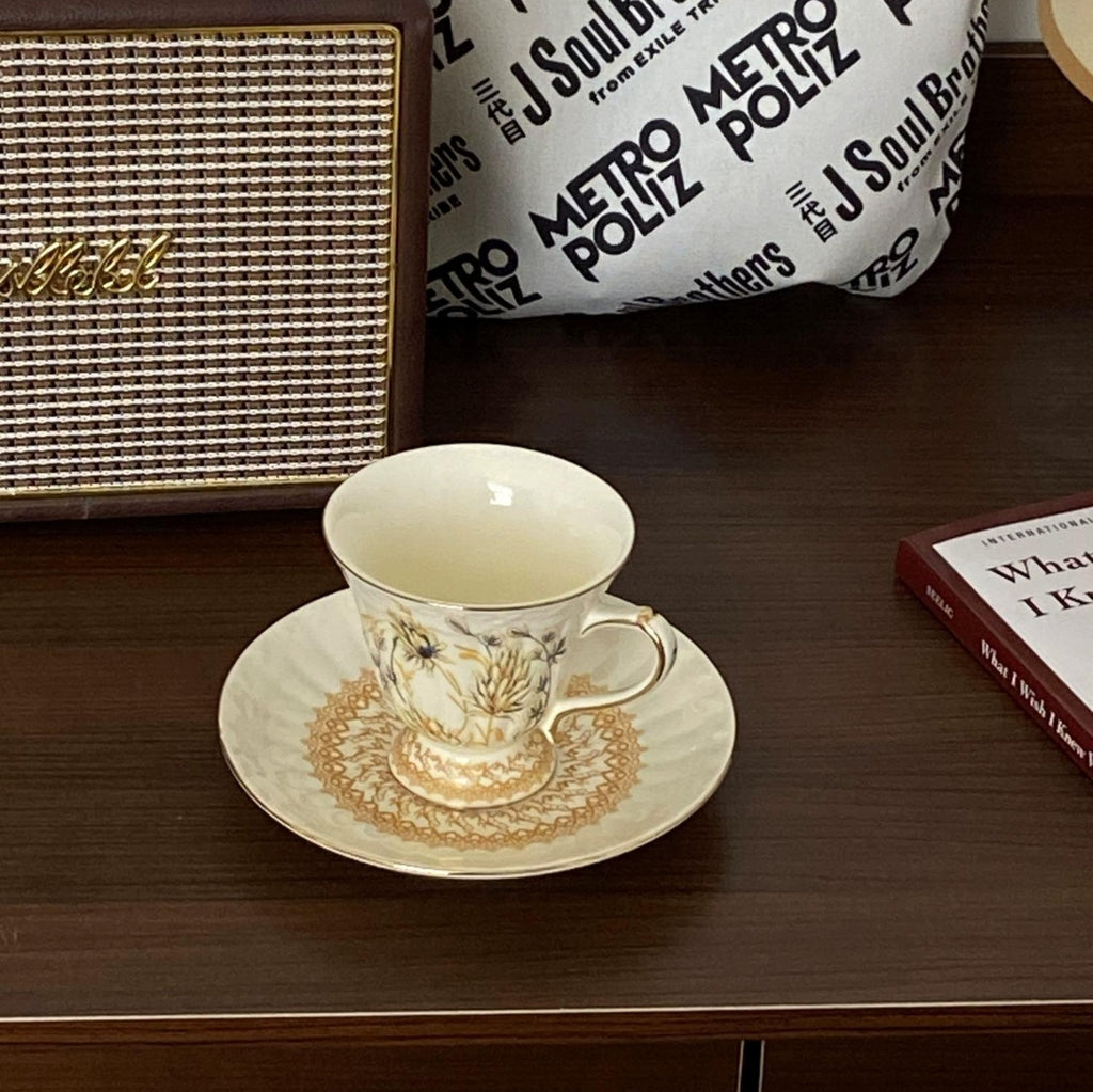 Vintage European Gold Wheat Ear Coffee Cup Saucer - English Afternoon Tea Birthday Gift for Her