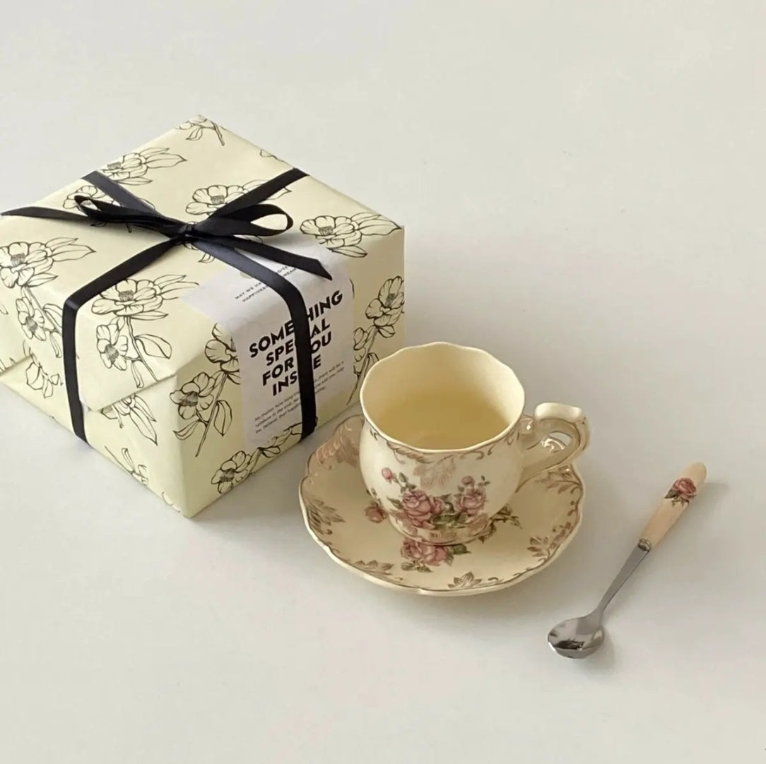 French Cream-Colored Rose Ceramic Coffee Cup and Saucer Set - Afternoon Tea Hostess Gift