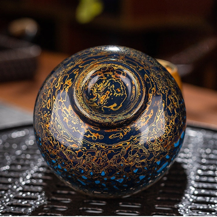 Handmade Fuzhou Lacquer Ceramic Tea Cup – Gradient Design with 24K Gold Bodhi Leaf – Artisan Master Cup
