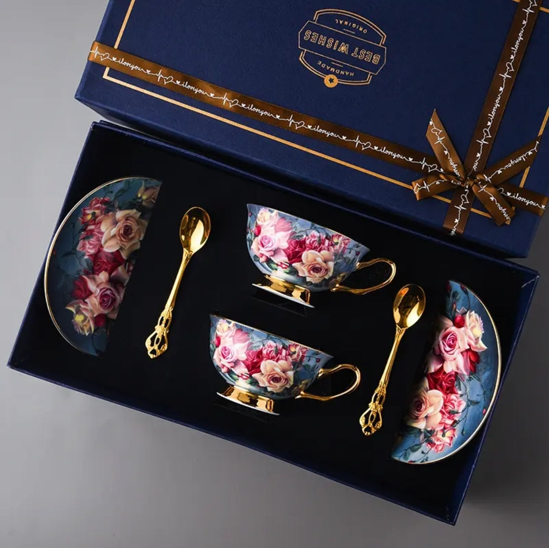 Elegant European Bone China Coffee Cup and Saucer Set - Luxury Wedding Gift Box , Sophisticated English Tea Cup