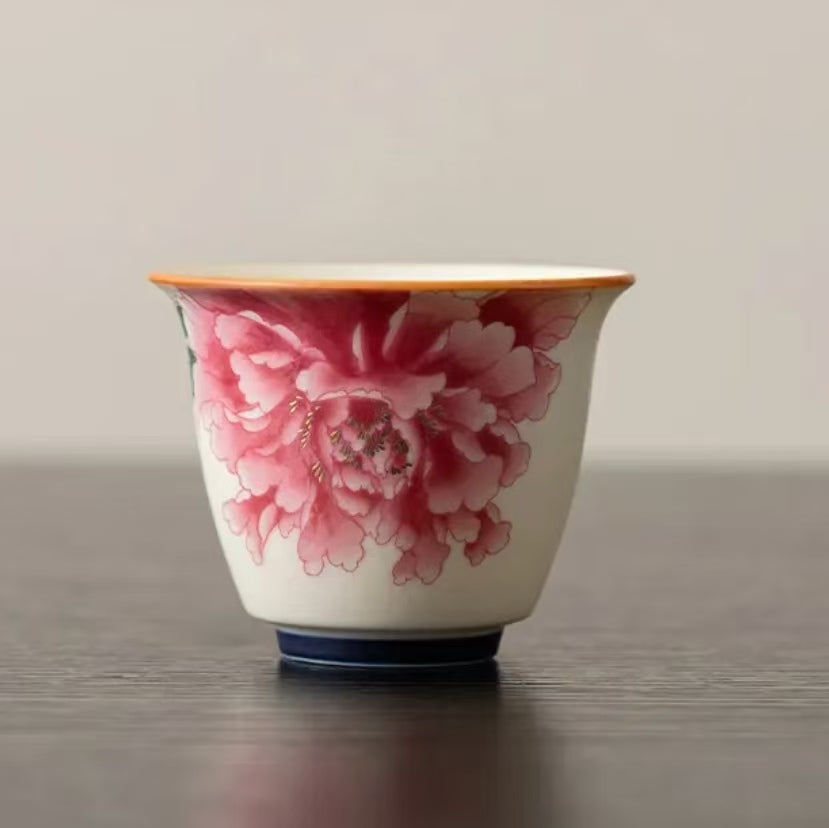 Contemporary Ru Yao & Peony & Lohan Teacup, Pink Ru Yao Gongfu Tea Cup