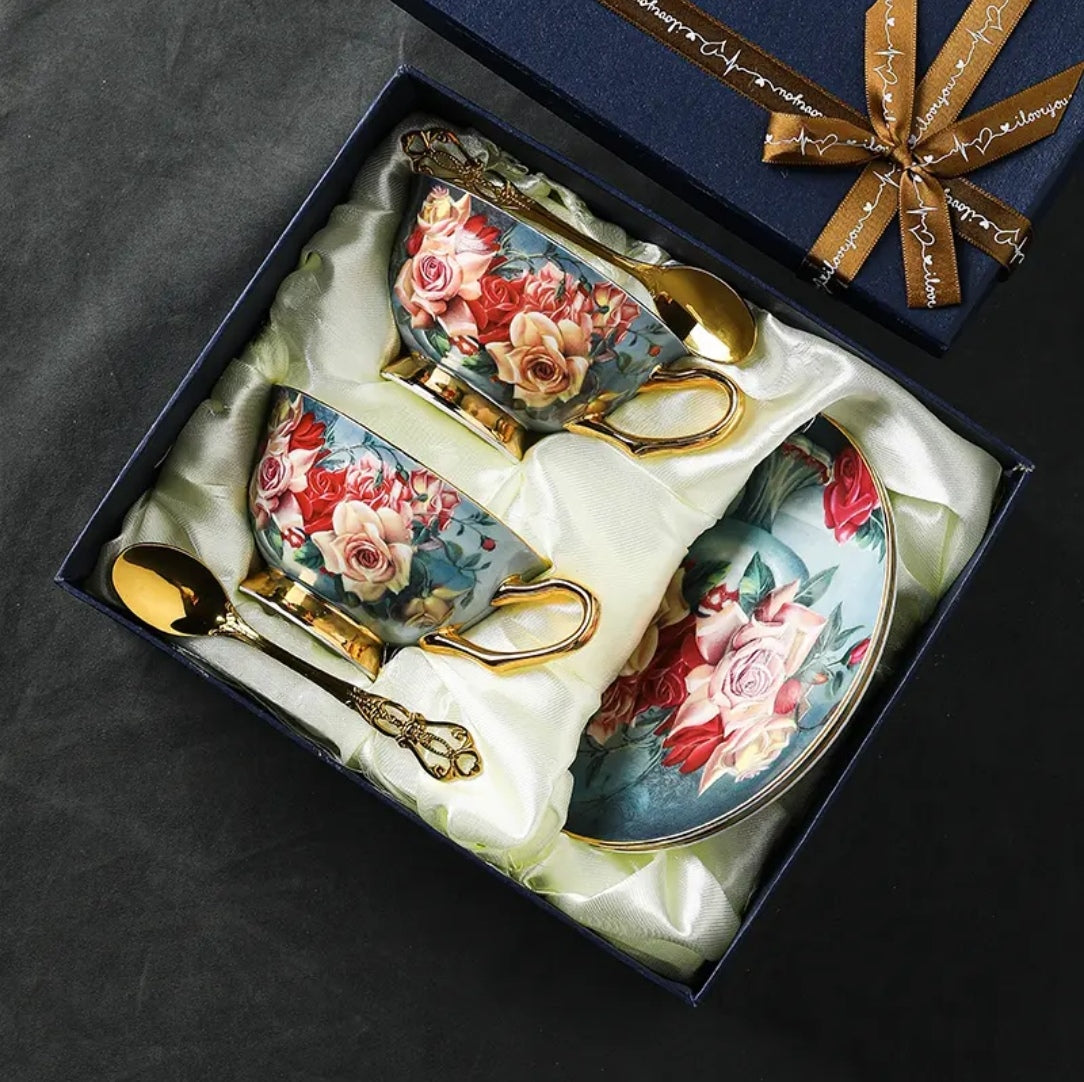 Elegant European Bone China Coffee Cup and Saucer Set - Luxury Wedding Gift Box , Sophisticated English Tea Cup