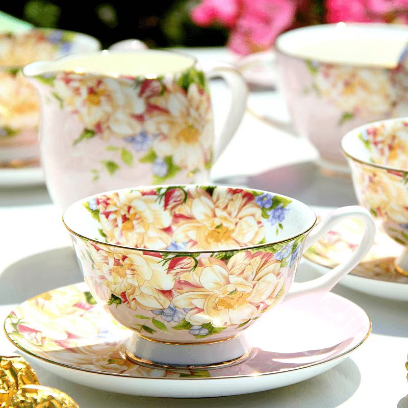 Bone China Cup and Saucer, Pink Coffee Cup and Teacup, Luxury European Style Set