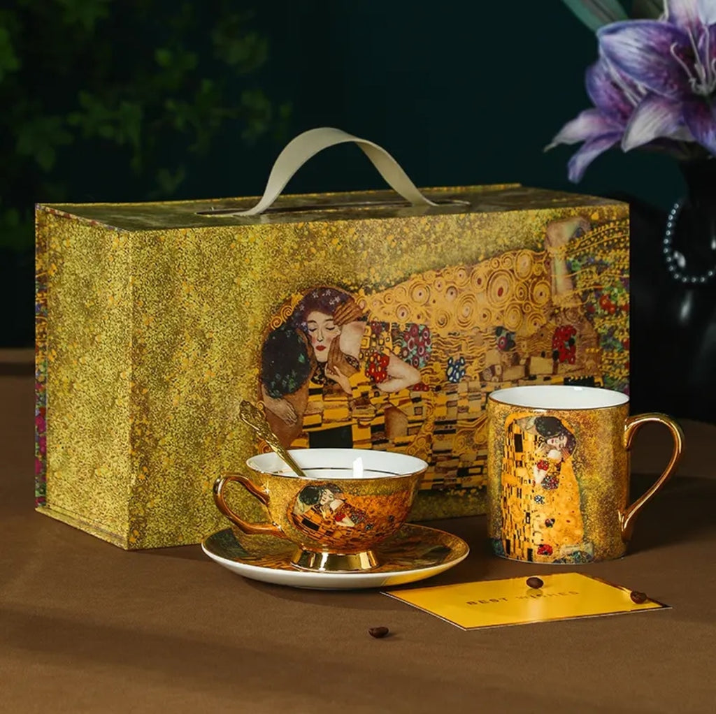 European Vintage Bone China Coffee & Tea Cup - Hand-Painted Gold Famous Painting Gift Box - Water Glass