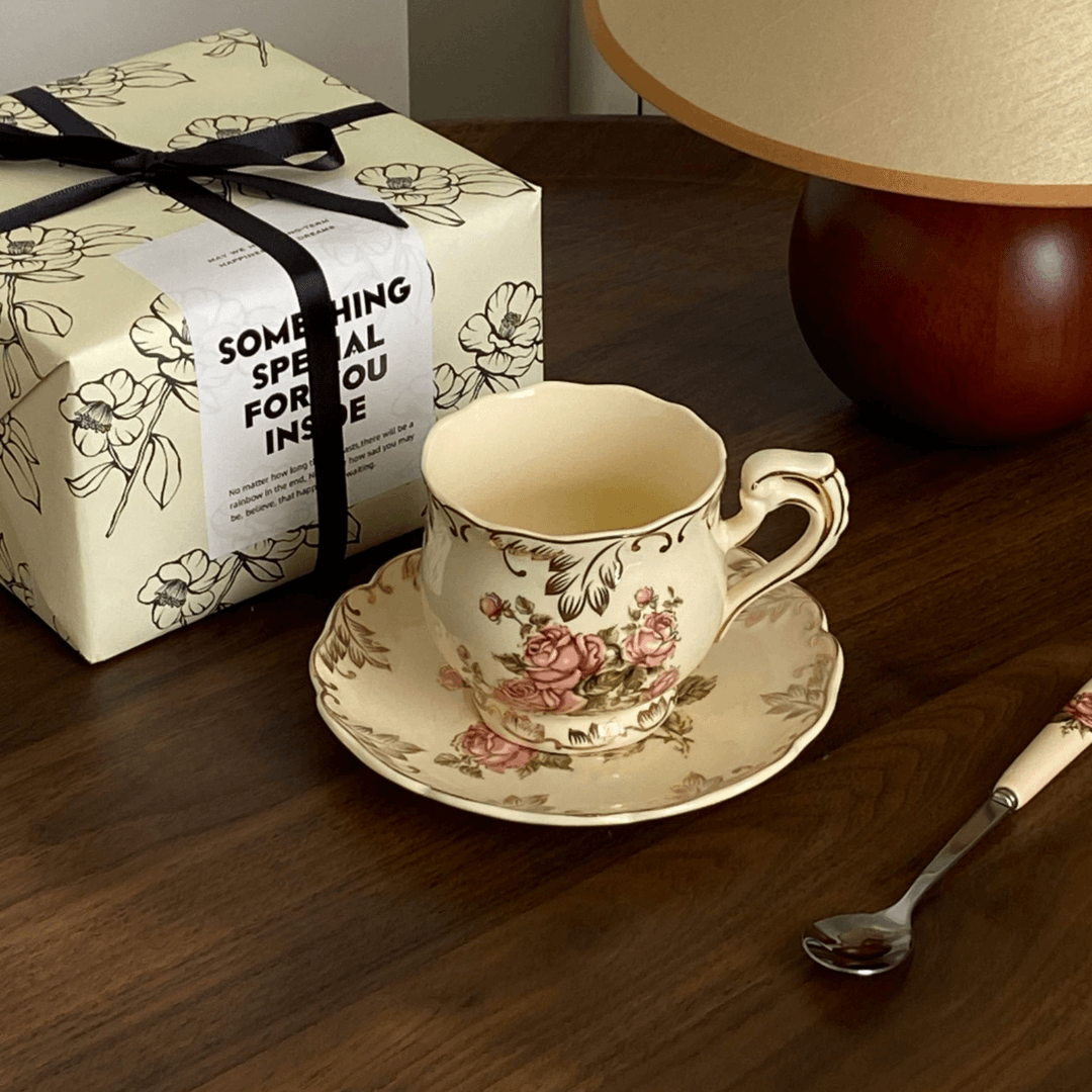 French Cream-Colored Rose Ceramic Coffee Cup and Saucer Set - Afternoon Tea Hostess Gift