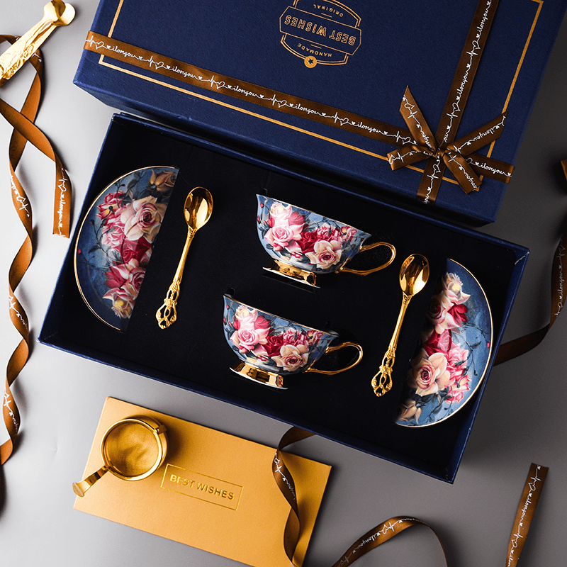 Elegant European Bone China Coffee Cup and Saucer Set - Luxury Wedding Gift Box , Sophisticated English Tea Cup