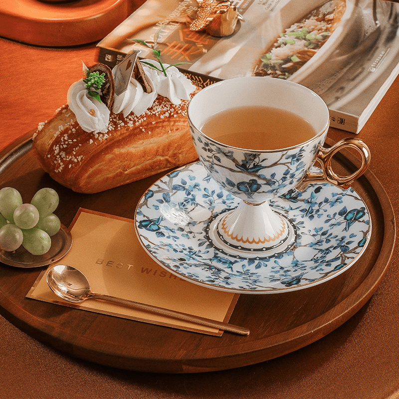 French Vintage Stemmed Bone China Coffee Cup, French Vintage Tea Cup with Floral Design