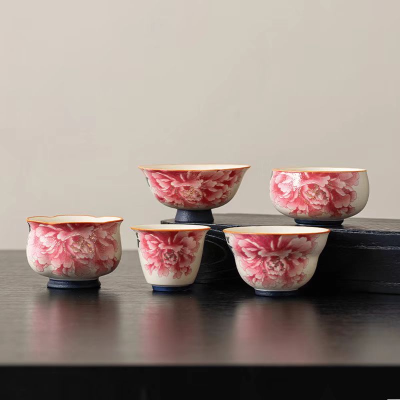 Contemporary Ru Yao & Peony & Lohan Teacup, Pink Ru Yao Gongfu Tea Cup