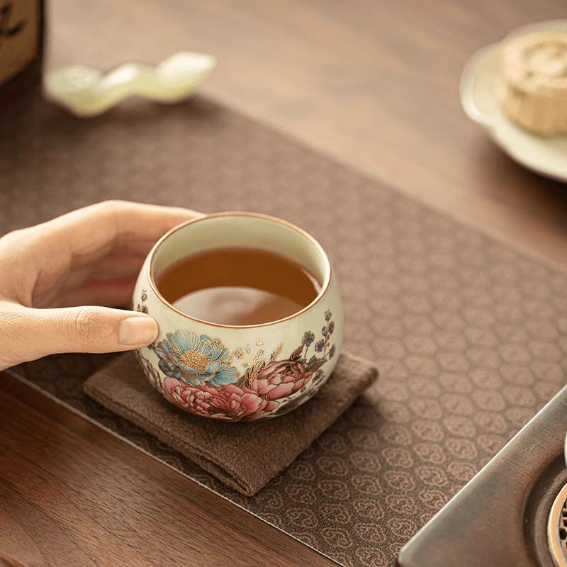 Gold Peony Ru Yao Teacup, Contemporary Gongfu Tea Cup-Personal Use Tea Cup