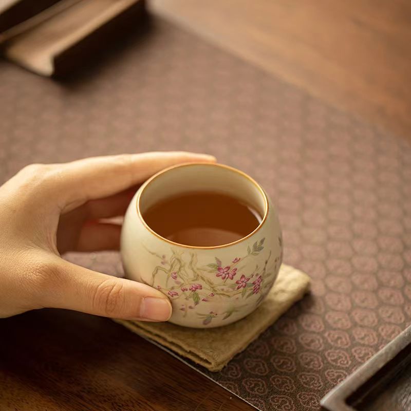 Contemporary Ru Yao Peach Blossom Egg Teacup, Yellow-Glazed Small Gongfu Tea Cup