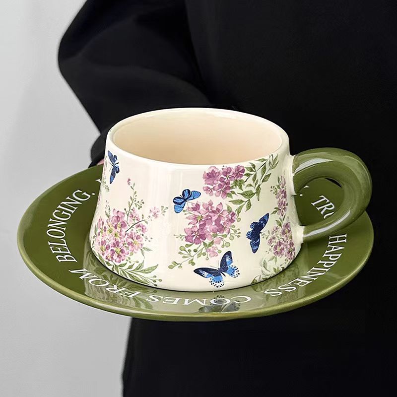 Green Crape Myrtle Coffee Set, Vintage Color-Block Mug & Saucer