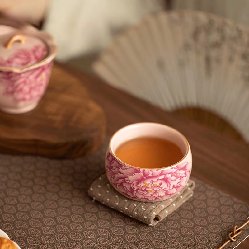 Contemporary Ru Yao & Peony & Lohan Teacup, Pink Ru Yao Gongfu Tea Cup