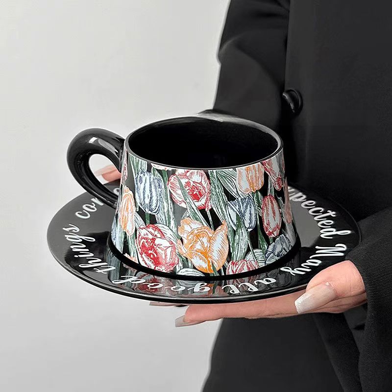Black Tulip Coffee Set, Ceramic Mug & Saucer, Luxury Gift & Home Decor-Elegant Coffee Cups