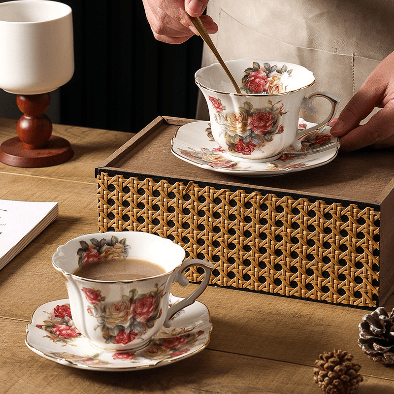 Aesthetic English Vintage Coffee Set, Gold Trim Ceramic Cup & Saucer-Afternoon Tea