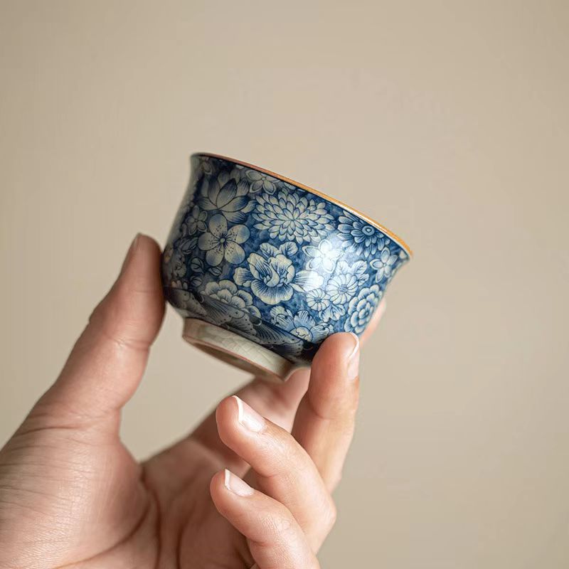 Crackle Glaze Teacup, Antique Clay Floral Ceramic Tea Cup-Develops Patina