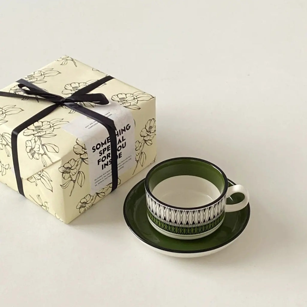Vintage Green Coffee Cup Saucer Set - Birthday Gift for Her | BFF Hostess Afternoon Tea Mug