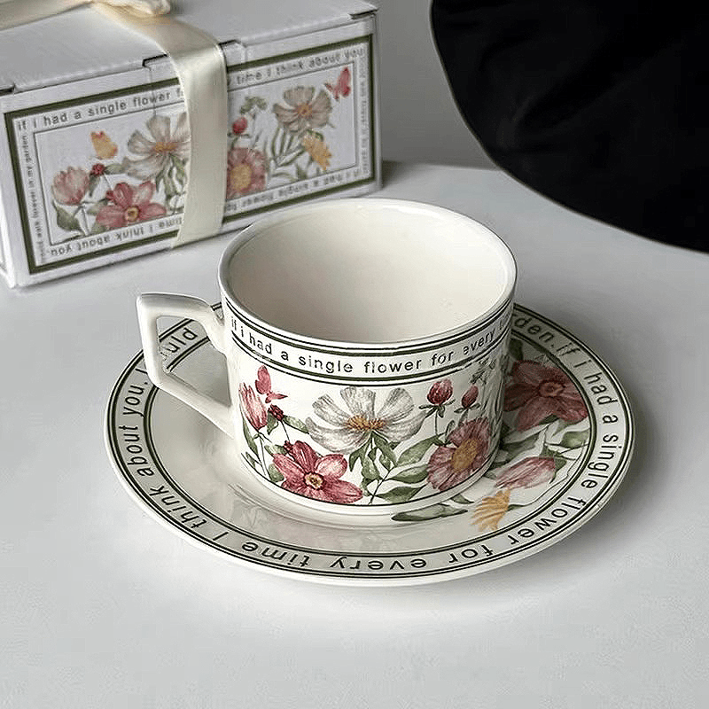 Cottagecore Sunflower Mug & Saucer Set, Vintage Ceramic Coffee Cup