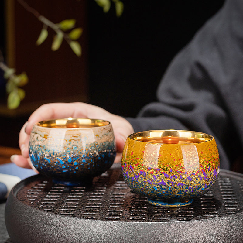 Handmade Fuzhou Lacquer Ceramic Tea Cup – Gradient Design with 24K Gold Bodhi Leaf – Artisan Master Cup