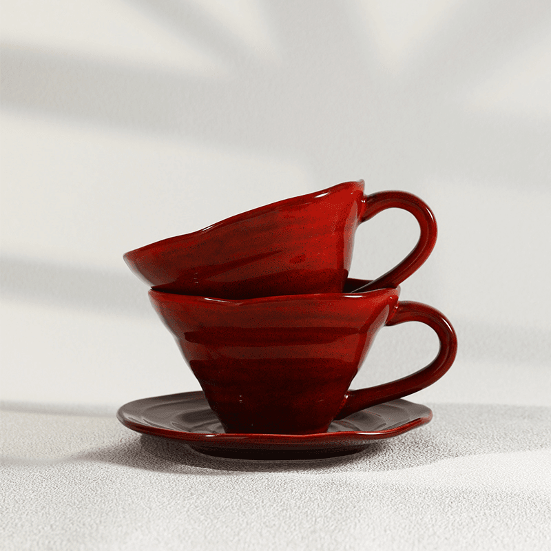 Flambe Glaze Coffee Set, Handmade Stoneware Mug & Saucer