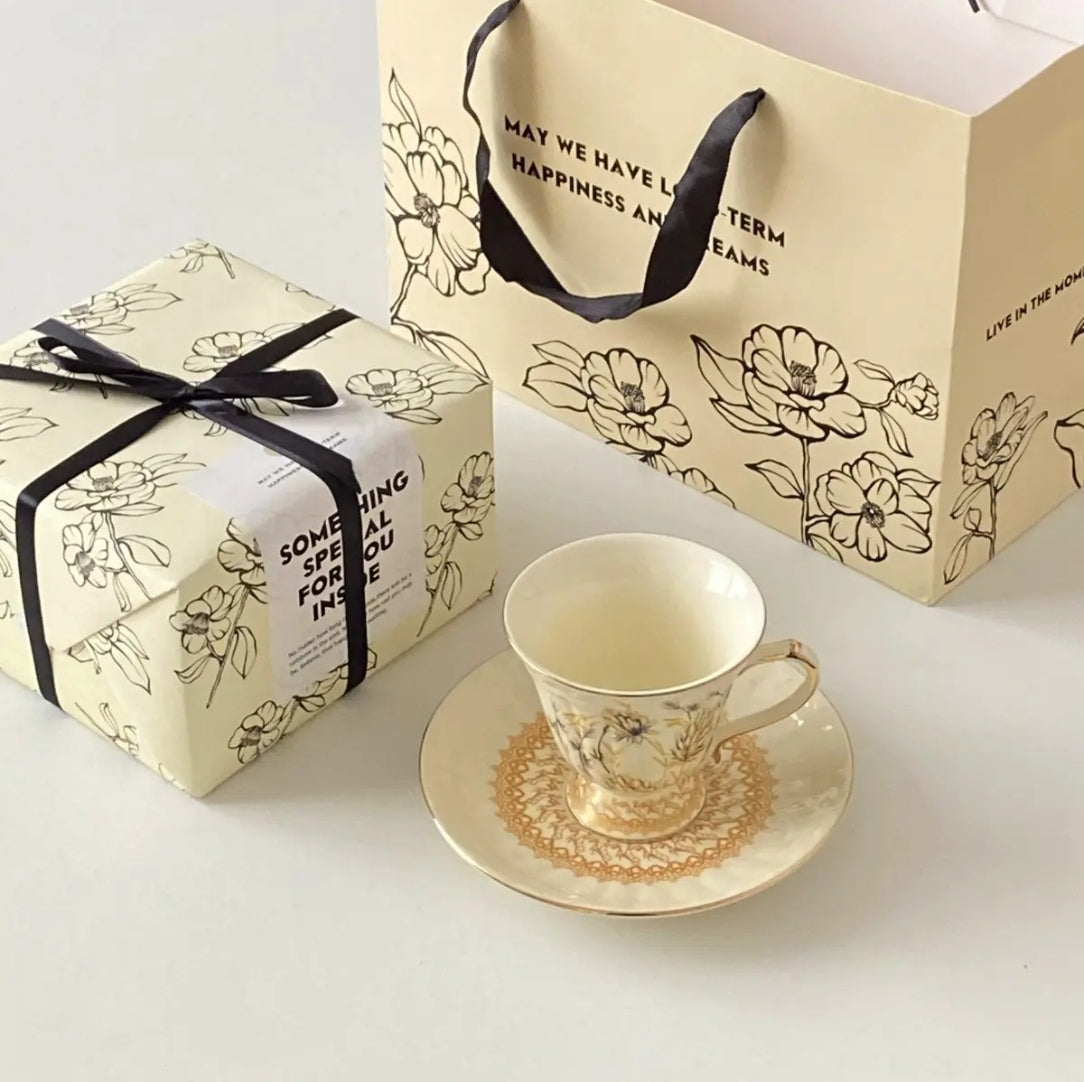 Vintage European Gold Wheat Ear Coffee Cup Saucer - English Afternoon Tea Birthday Gift for Her