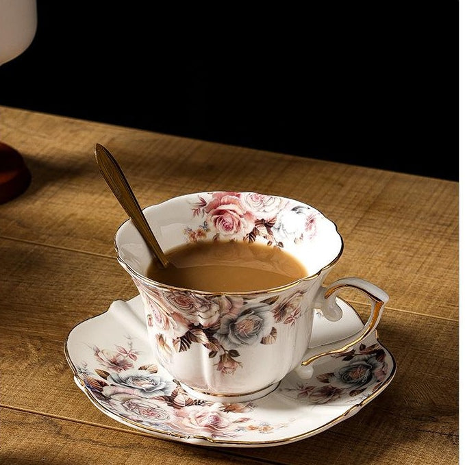 Soft-Colored European Vintage Coffee Set, Subtle Floral Gold Trim Cup & Saucer