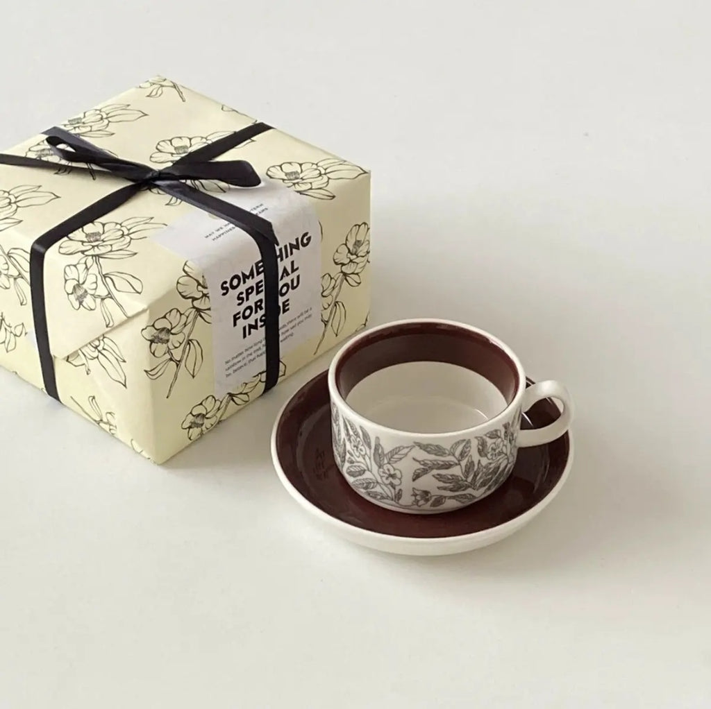 Vintage Brown Hibiscus Ceramic Cup and Saucer Set - Afternoon Tea Coffee Cup | Birthday Gift