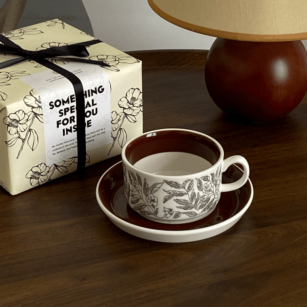 Vintage Brown Hibiscus Ceramic Cup and Saucer Set - Afternoon Tea Coffee Cup | Birthday Gift