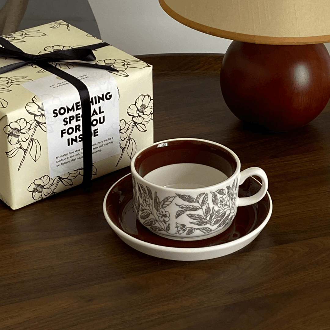 Vintage Brown Hibiscus Ceramic Cup and Saucer Set - Afternoon Tea Coffee Cup | Birthday Gift