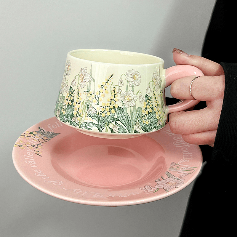 Original Bell Flower Coffee Mug with Pink Handle, Mid-Century Ceramic Cup & Saucer Design