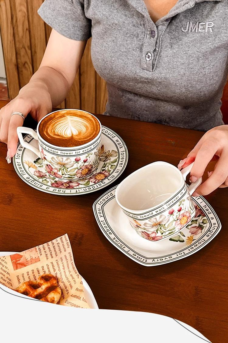 Cottagecore Mid-Century Freesia Coffee Mug Set, Hand-Painted Ceramic Cup & Saucer-Original Gift