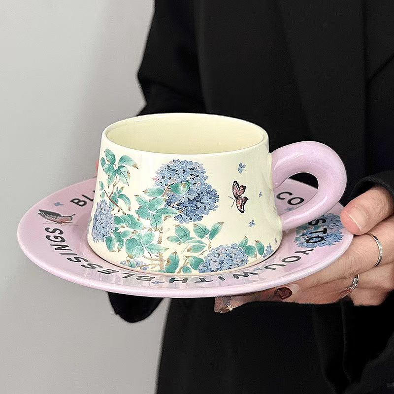 Purple Hydrangea Coffee Set, Vintage Ceramic Mug & Saucer-Original Design，Afternoon Tea
