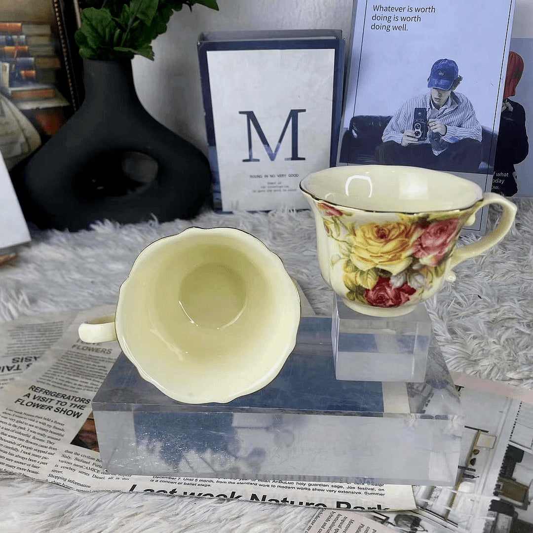 Ivory Yellow Embossed Mug,European Vintage Coffee Cup, Old Country Roses with Gold Trim