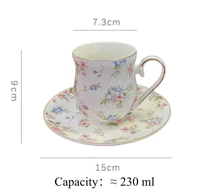 Cottagecore English Vintage Coffee Set, Sprig Print Gold Rim Cup & Saucer