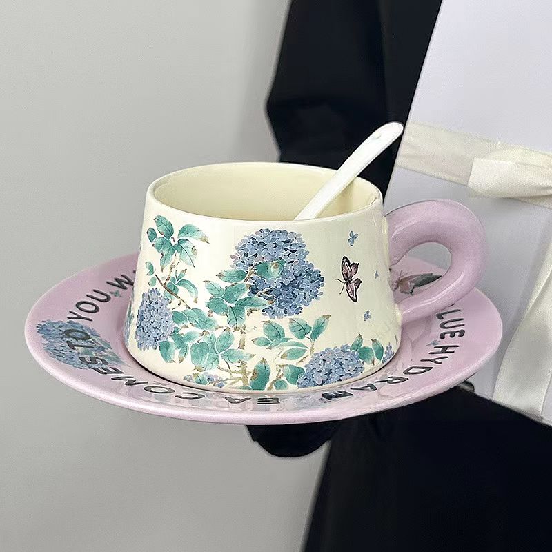 Purple Hydrangea Coffee Set, Vintage Ceramic Mug & Saucer-Original Design，Afternoon Tea