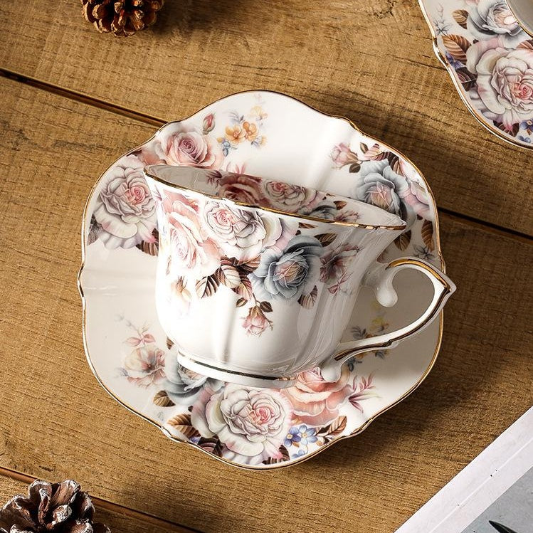 Soft-Colored European Vintage Coffee Set, Subtle Floral Gold Trim Cup & Saucer