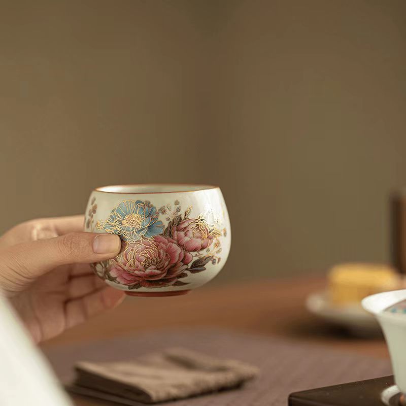 Gold Peony Ru Yao Teacup, Contemporary Gongfu Tea Cup-Personal Use Tea Cup