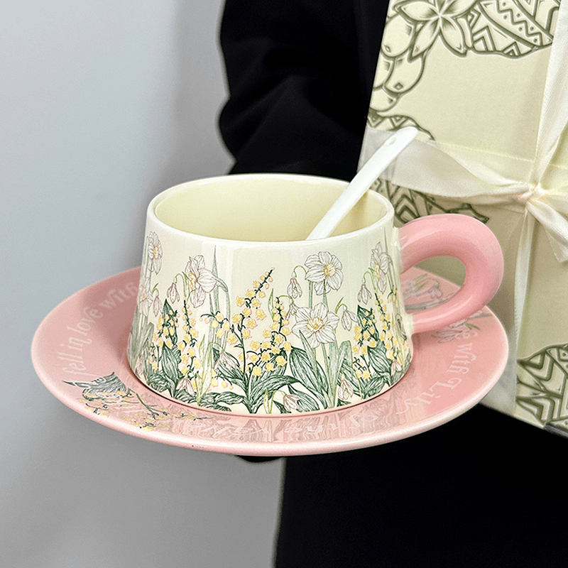 Original Bell Flower Coffee Mug with Pink Handle, Mid-Century Ceramic Cup & Saucer Design