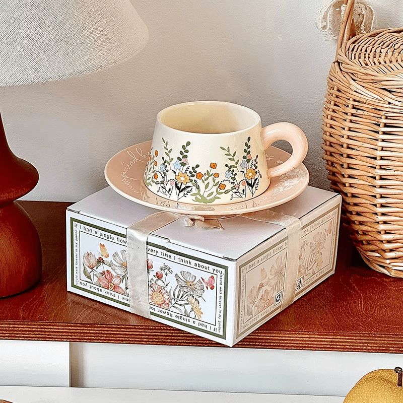 Pink Floral Coffee Set, Vintage Ceramic Mug & Saucer with Small Yellow Flowers