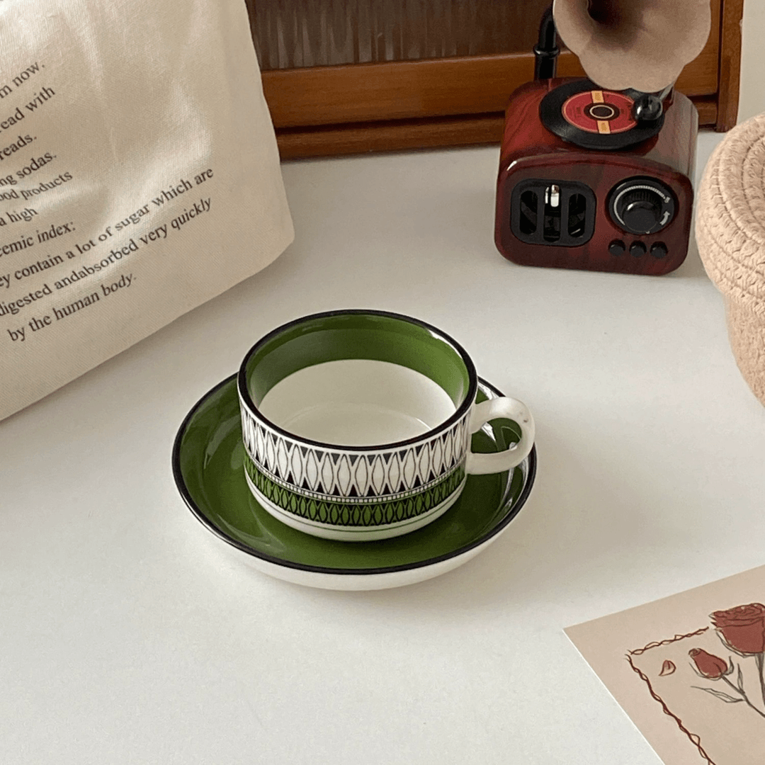 Vintage Green Coffee Cup Saucer Set - Birthday Gift for Her | BFF Hostess Afternoon Tea Mug