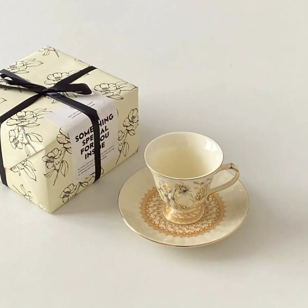 Vintage European Gold Wheat Ear Coffee Cup Saucer - English Afternoon Tea Birthday Gift for Her