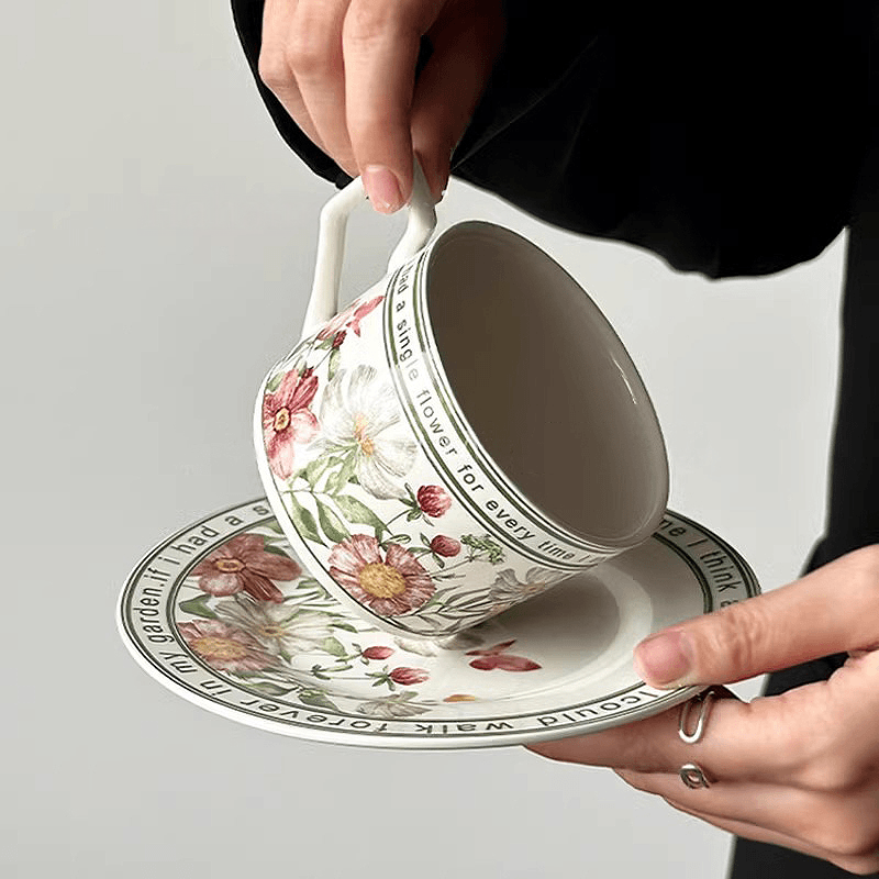 Cottagecore Sunflower Mug & Saucer Set, Vintage Ceramic Coffee Cup