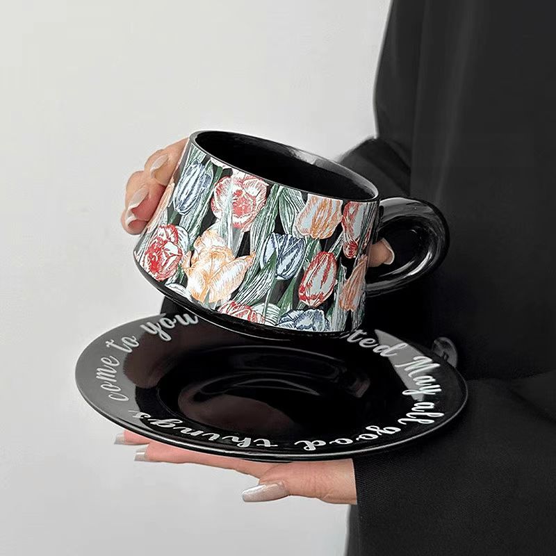 Black Tulip Coffee Set, Ceramic Mug & Saucer, Luxury Gift & Home Decor-Elegant Coffee Cups